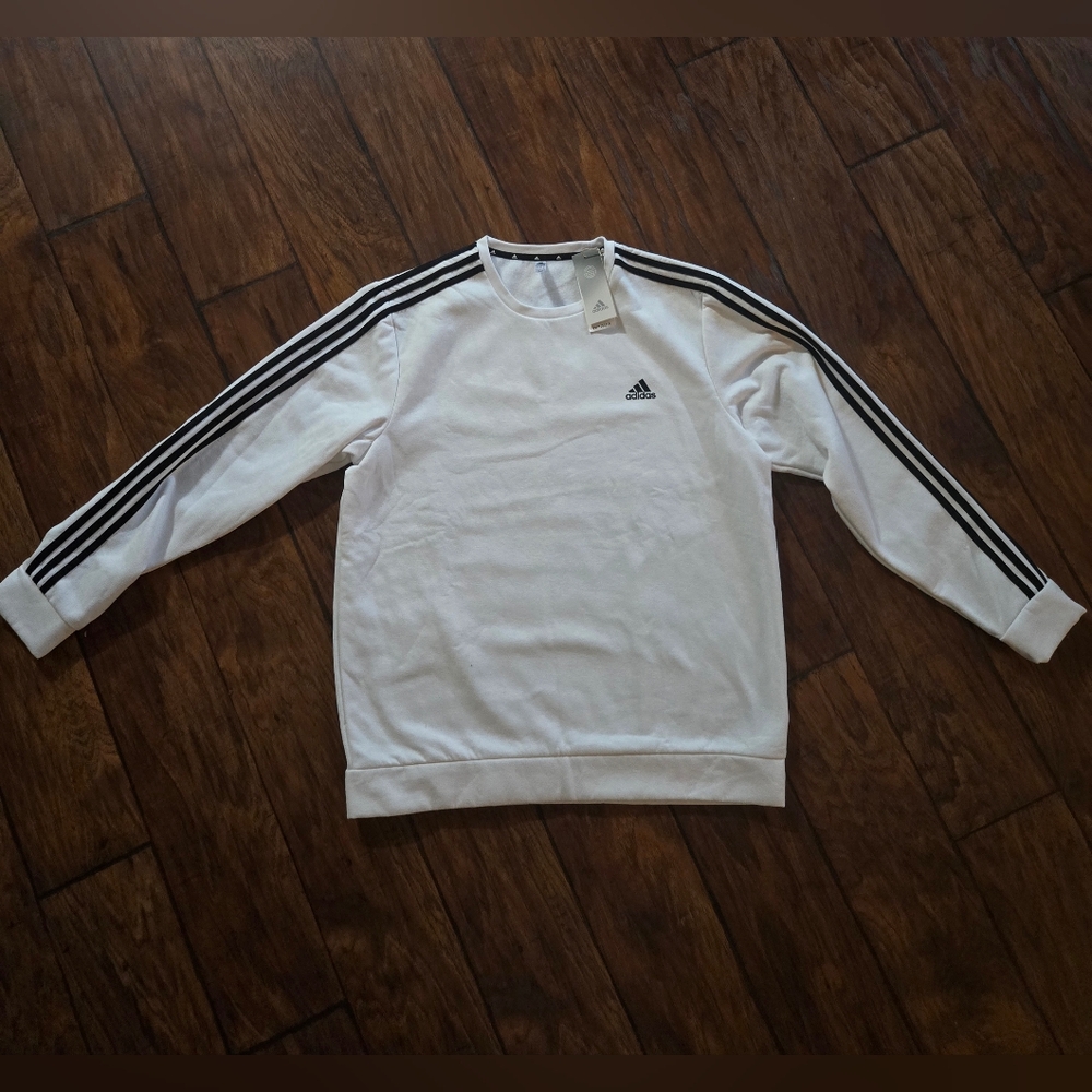 Adidas XL Primegreen crewneck, white with black 3-stripes, new with tags